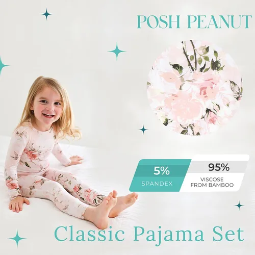 Miniatura 11 de Posh Peanut Pijamas para niñas, suaves, de viscosa de bambú para niños, pijamas a juego de manga larga para niñas