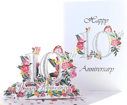iGifts And Cards Tarjeta de Felicitación Emergente 3D del Feliz 10º Aniversario Hito - Pareja Perfecta, Matrimonio, Boda, Elegante, Almas Gemelas,