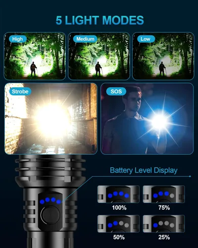 Miniatura 4 de Linterna de 2000 lúmenes de alta luminosidad con lente de encendido, linterna LED recargable superbrillante con zoom, 5 modos, impermeable, linterna