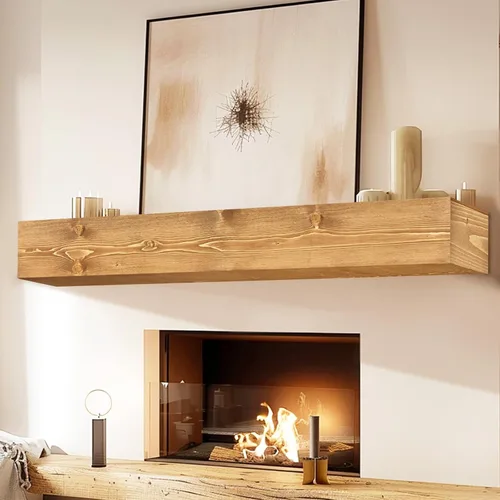 Miniatura 17 de Repisa de chimenea de 48 pulgadas, madera maciza rústica hecha a mano de 3 pulgadas de grosor, estante flotante largo de pared con soporte de metal