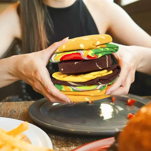 Miniatura 3 de AGRIMONY Divertidos calcetines con diseño de hamburguesa y hotdog con tacos y palomitas de maíz, calcetines de comida novedosos para cumpleaños