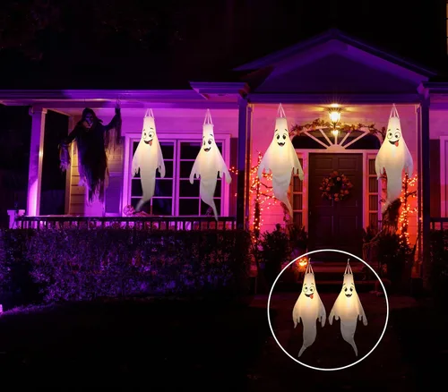 Miniatura 3 de Decoraciones de Halloween, para colgar al aire libre, calcetines de viento fantasma para árboles con temporizador, fantasmas LED para colgar