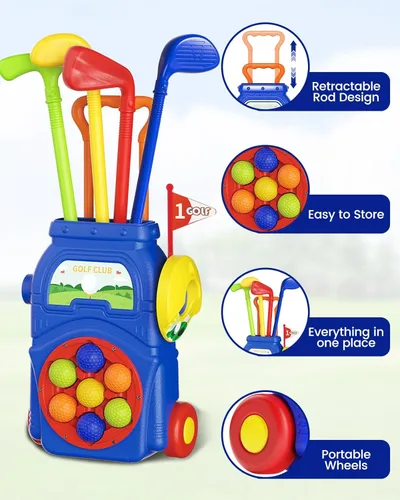 Miniatura 5 de KINGTOP Juego de golf para niños pequeños con tapete de putting y tabla de cornhole, palos de golf para niños de 3 a 5 años con 10 pelotas, 4 palos