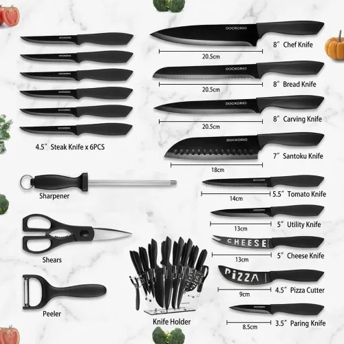 Miniatura 2 de Juego de cuchillos de cocina con bloque, 19 piezas de acero inoxidable de alto carbono afilado incluye juego de cuchillos de carne dentados, Negro