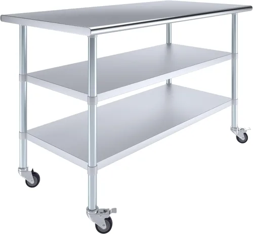 Miniatura 25 de AmGood Mesa de trabajo de acero inoxidable con 2 estantes y ruedas Mesa de trabajo de metal con ruedas