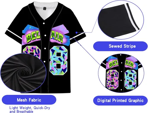 Miniatura 3 de Fresh Prince of Bel Air 88 - Camiseta de béisbol para hombre de los años 90, para fiesta temática urbana, hip hop, blusas de moda para club y pub