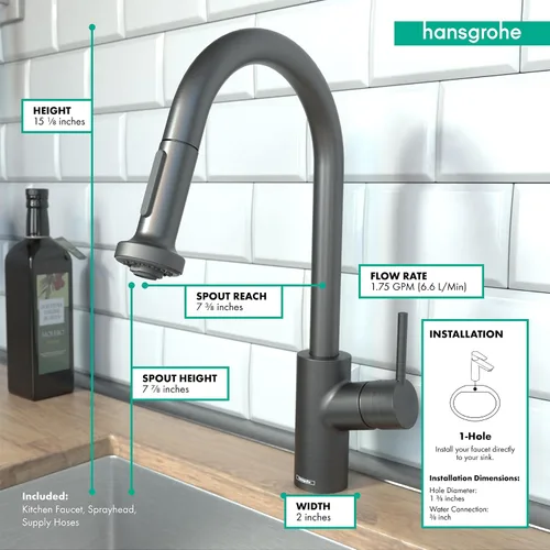 Miniatura 5 de hansgrohe Talis S² - Grifo de cocina de barra negra, grifos de cocina con rociador extraíble, grifo para fregadero de cocina, cabezal rociador