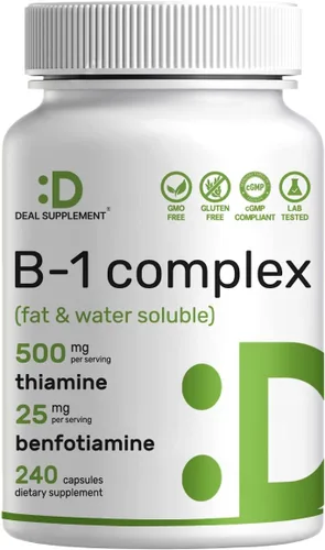 DEAL SUPPLEMENT Vitamina B1 500 mg con benfotiamina, 240 cápsulas - Fórmula mejorada 2 en 1 - Suplemento de tiamina B1 soluble en grasa y agua -