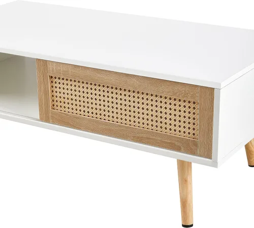 Miniatura 9 de IANIYA Mesa de centro con almacenamiento oculto, mesa central rectangular de 41.3 pulgadas con puerta tejida de ratán y patas de madera maciza