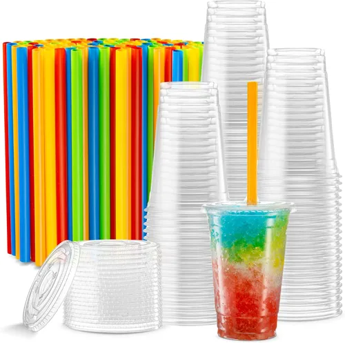[40 juegos – 20 onzas] Vasos de plástico PET transparente con tapas planas y pajitas para café helado, bebidas frías, batidos, tazas de granizado,