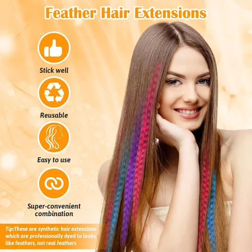 Miniatura 5 de Kit de 65 piezas de plumas para el cabello con herramientas para extensiones de cabello, kit de extensiones de plumas de cabello sintético largo
