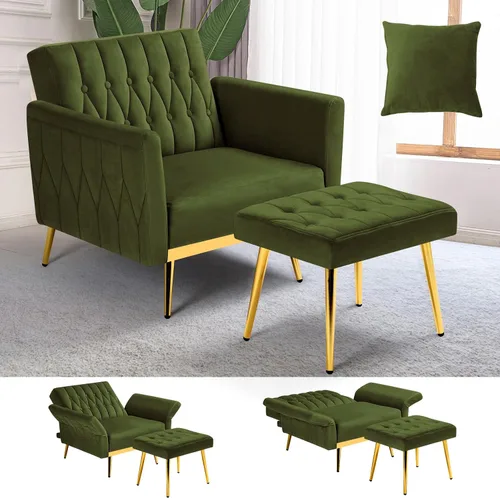 Miniatura 9 de Silla de terciopelo Accent con apoyabrazos y respaldo ajustables, sillón de ocio con botones acolchados, sillón reclinable individual con otomano