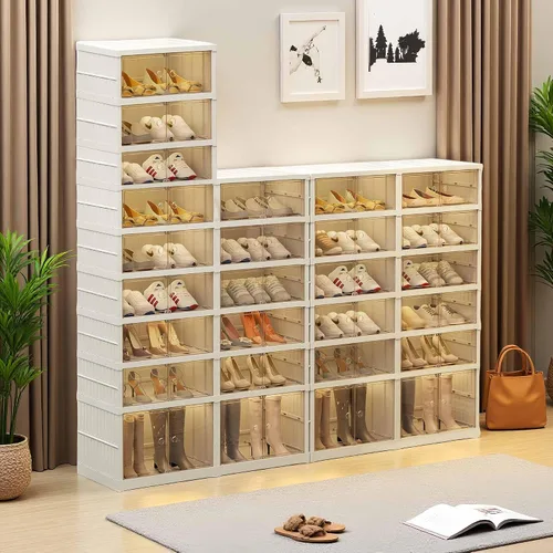 Miniatura 5 de Organizador plegable para zapatos para armario, 9 niveles, 18 pares, apilable, estante de zapatos plegable con puertas, organizador de zapatos