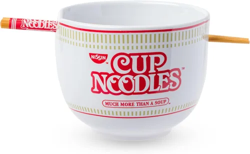 Silver Buffalo Nissin Classic Cup Noodles Logo Mucho Más Que Una Sopa Tazón de Fideos Ramen de Cerámica con Palillos, Apto para Microondas, 20 Onzas