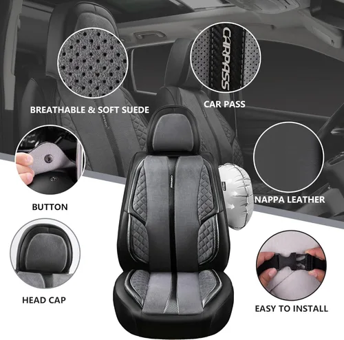 Miniatura 6 de CAR PASS Fundas de Asiento de Cuero de Gamuza Juego Completo Protector Suave Duradero Acolchado Cálido en Invierno Transpirable en Verano, Funda Gris