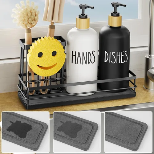 Miniatura 12 de Moforoco Juego de dispensador de jabón para platos de cocina, botella de vidrio de 16 onzas, dispensador de jabón para manos y platos, bandeja