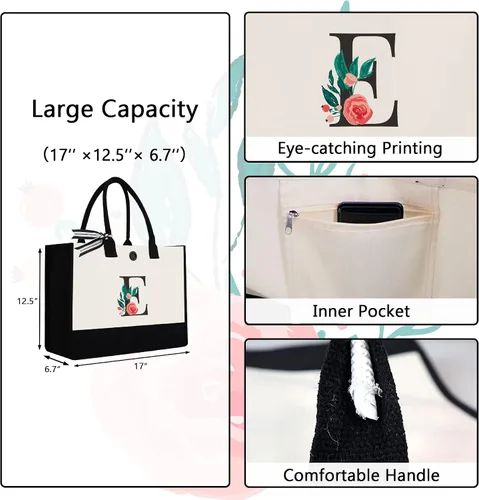 Miniatura 42 de Bolsa de lona con inicial, regalos de cumpleaños personalizados para mujeres, madres, amigas y profesoras, bolsas de mano con monograma adecuadas