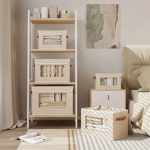 Miniatura 5 de Cajas de almacenamiento plegables con tapas, organizadores de armario de lino, contenedores de almacenamiento de 10.2 x 7.8 x 6.7 pulgadas para Beige