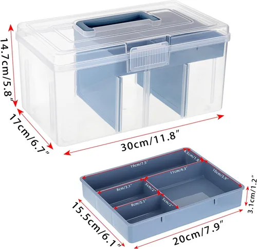 Miniatura 4 de BTSKY - Caja de almacenamiento de 2 capas de plástico transparente con bandeja extraíble, caja organizadora multiuso para papelería con asa, caja