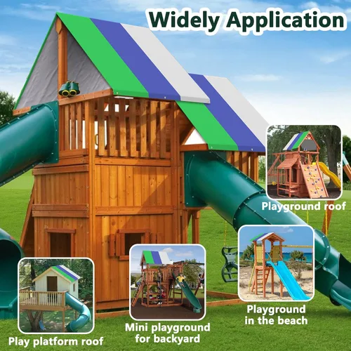 Miniatura 8 de Flehomo Juego de lona de repuesto para columpios, 52 x 90 pulgadas, toldo de techo para niños, impermeable y protección UV (verde, azul y gris)