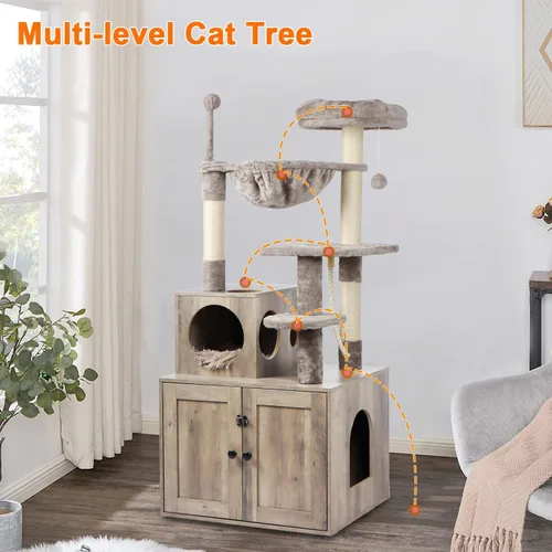 Miniatura 4 de Timberer Árbol para gatos con recinto para caja de arena, torre para gatos 2 en 1 para gatos de interior, condominio grande de madera para gatos