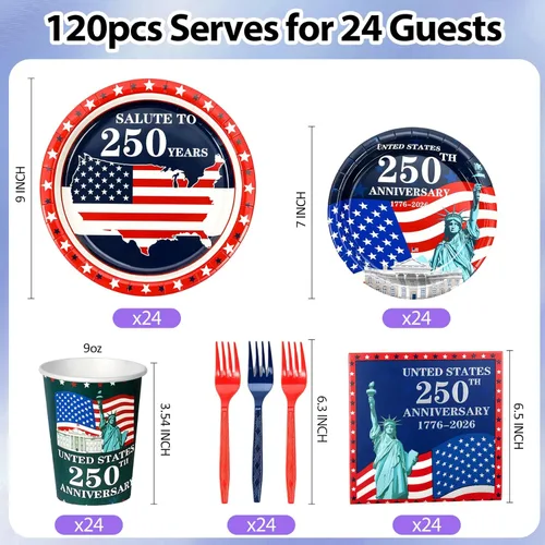 Miniatura 3 de 120 platos y servilletas del 4 de julio, suministros de fiesta de aniversario del 250 para 24 invitados, platos de papel patrióticos desechables