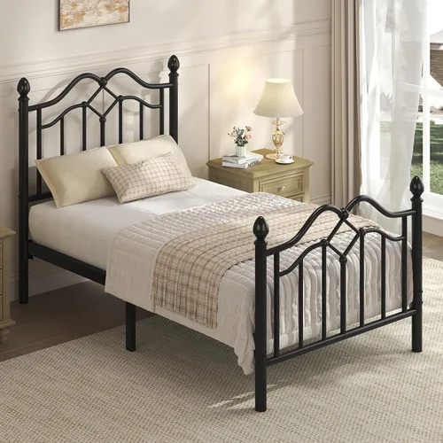 LoVinson Base de cama individual con cabecero y estribo, marco de cama de plataforma de metal moderno para niños, soporta hasta 800 libras, no Negro
