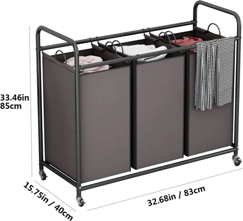 Miniatura 6 de LINZINAR Clasificador de ropa sucia de 3 bolsas, carrito cesto de ropa sucia con ruedas rodantes resistentes y con bloqueo y bolsas removibles