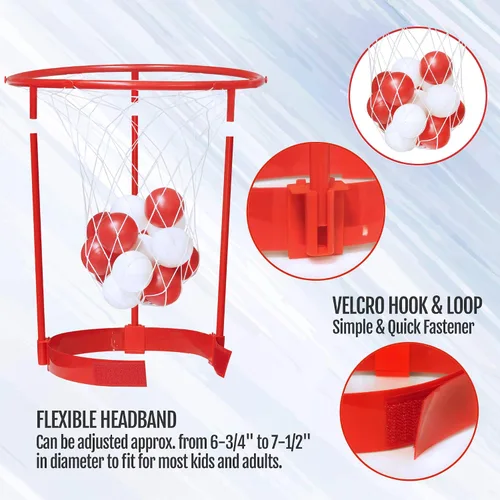 Miniatura 4 de Novelty Place Head Basketball Hoop Juego de fiesta para niños y adultos, diadema de baloncesto ajustable con 20 bolas, rojo y blanco