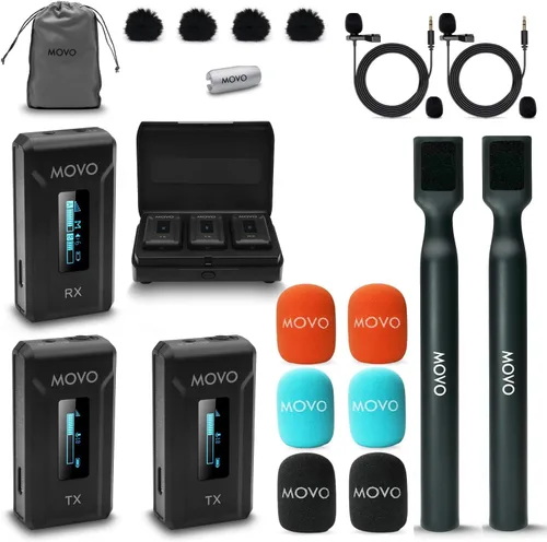 Movo WMX-2-DUO - Sistema inalámbrico compacto de doble micrófono con soportes de extensión de mano - Mini micrófonos Lavalier inalámbricos para