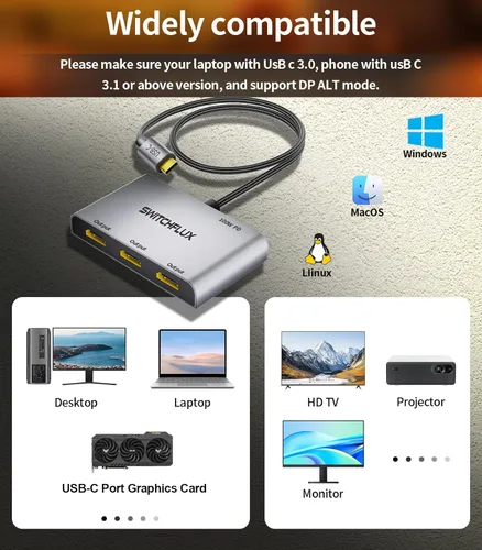 Miniatura 7 de Adaptador USB C a 3 × HDMI Divisor HDMI 4K60Hz Pantalla extendida Hub MST de 1 en 3 salidas con PD de 100 W para múltiples monitores convertidor
