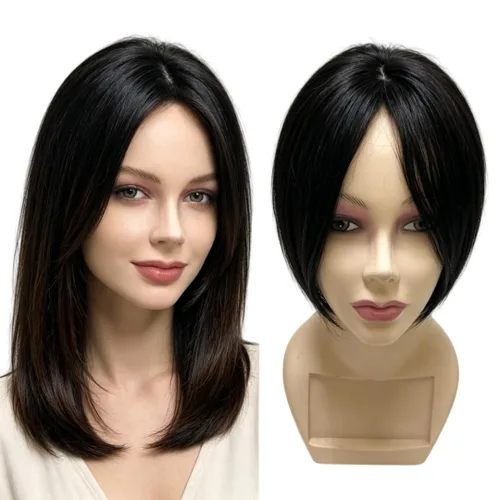 Anemone Peluca de cabello humano con clip para mujer, 10 pulgadas, parte media, recto, extensiones de volumen para pérdida de cabello suave (negro)