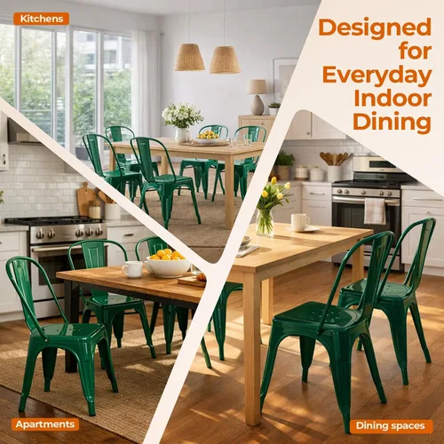 Miniatura 7 de Juego de 8 sillas de comedor de metal verde alpino, sillas de cocina apilables retro estilo granja, sillas laterales de acero verde oscuro para café