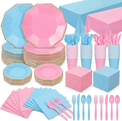 Nitial 462 piezas de suministros para fiesta de revelación de género, vajilla para baby shower, niños o niñas, platos de revelación de género rosa y