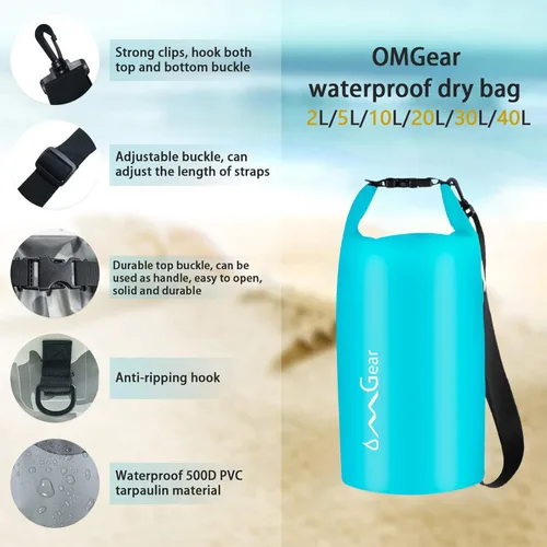 Miniatura 3 de OMGear - Bolsa seca impermeable y bolsa para teléfono, bolsa flotante de 40L/30L/20L/10L/5L para kayak, navegación, actividades al aire libre verde