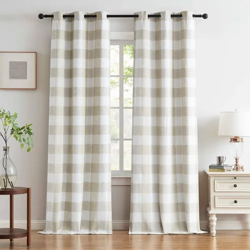 Miniatura 15 de Cortinas cortas de lino texturizado con diseño de búfalo blanco y negro a cuadros, 100% opacas con forro, paneles de estilo granja