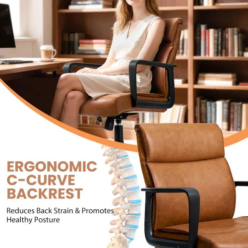 Miniatura 4 de Artswish Silla de oficina de cuero marrón, silla ergonómica de computadora con brazos de ruedas, silla de trabajo ajustable giratoria de 360°