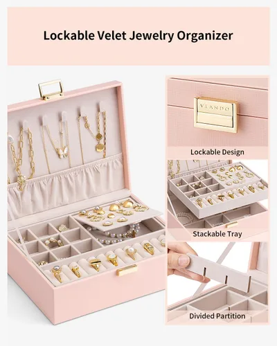Miniatura 3 de Vlando Joyero de 2 capas grande organizador de joyas para mujeres, bandeja de joyería extraíble para collares, aretes, anillos, pulseras, cajas