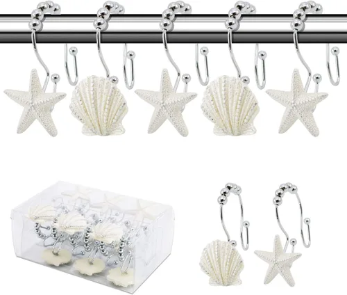 BEAVO Seashell - Ganchos para cortina de ducha, 12 anillos decorativos de acero inoxidable para cortina de ducha de doble rodillo que se deslizan,
