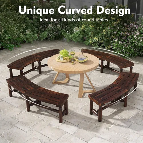 Miniatura 7 de Tangkula Banco de patio curvo, banco de comedor de madera carbonizada, asiento espacioso y con listones, carga máxima de 710 LBS, banco de 2 plazas