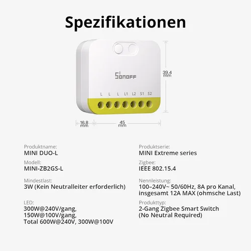 Miniatura 9 de SONOFF Mini Duo-L Zigbee Smart Switch – Sin cable neutro, Zigbee 3.0, doble canal, 16 A en total, compatible con Alexa, Google Home, temporizador