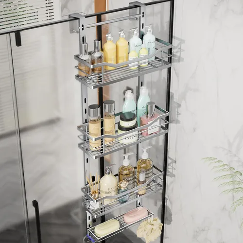 Miniatura 10 de SWTYMIKI Organizador de ducha ajustable de 3 niveles para colgar con soporte para jabón, estante de baño de acero inoxidable sin taladrar