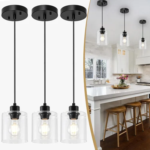 Miniatura 11 de 1 lámpara colgante de isla de cocina, moderna lámpara colgante de granja, lámpara de techo negra ajustable de 39 pulgadas para comedor, base E26