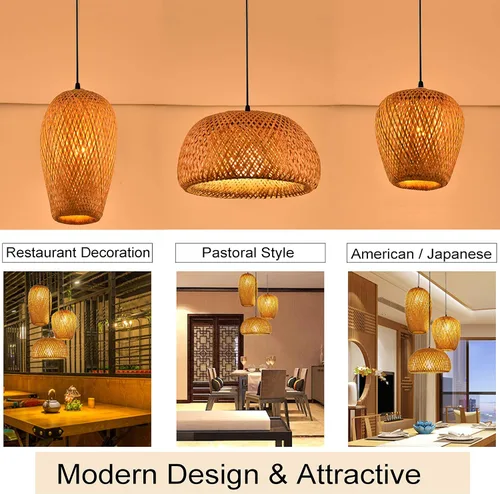 Miniatura 6 de GWY Lámpara colgante de farol de bambú, estilo japonés retro E27, lámpara colgante de techo para sala de estar, dormitorio, restaurante, cafetería
