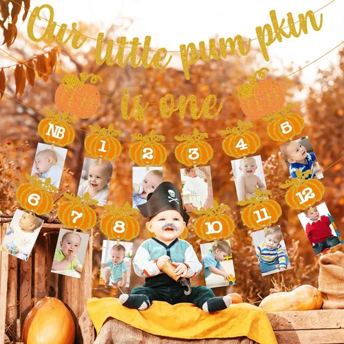 Miniatura 4 de Cartel de fotos de calabaza de otoño para el primer cumpleaños, pancarta de fotos de calabaza de otoño para recién nacidos a 12 meses, guirnalda