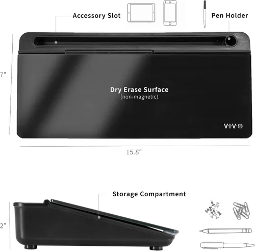 Miniatura 3 de Vivo DESK-WB16B - Pizarra de cristal de borrado en seco de 16 x 7 pulgadas con almacenamiento, organizador de pizarra blanca de escritorio