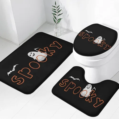 Miniatura 25 de Tapete de baño de 3 piezas de otoño con diseño de calabaza, color azul y verde, hojas de arce, cosecha, decoración de Acción de Gracias, juego