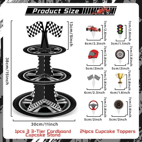 Miniatura 2 de Soporte para cupcakes de auto de carreras de 3 niveles con 24 adornos para tartas, decoraciones de fiesta de cumpleaños, temática de autos