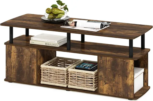 Miniatura 6 de Furinno Jaya Soporte de TV, centro de entretenimiento de 3 niveles con estante abierto, consola de TV para TV de hasta 50 pulgadas con Roble ámbar