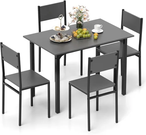 Miniatura 9 de GOFLAME Juego de mesa de comedor de 5 piezas, mesa de cocina industrial y sillas para 4 personas con respaldo y marco de metal, juego de comedor Gris